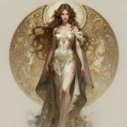 a full body portrait of sensual injured girl warrior, intricate, elegant, highly detailed, digital painting, artstation, concept art, smooth, sharp focus, illustration, art by krenz cushart and artem demura and alphonse mucha