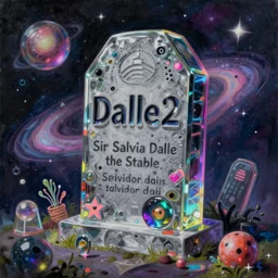 a hd surrealism painting of 3d cast glass galactic trippy neon cartoon surrealism tombstone with Dalle2 written on it, by Sir Salvia Dalle the Stable, salvador dali's much much much much more talented painter cousin, 4k, ultra realistic