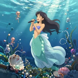 a little mermaid in a long dress singing in the colorful ocean, correct human body and perspective, pearls and shells, fantasy art by ferdinand knab, makoto shinkai and ilya kuvshinov, rossdraws, tom bagshaw, alphonse mucha, trending onstudio ghibli, radiant light, highly detailed, octane render, 8 k