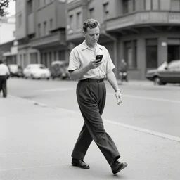 man texting on his mobile phone while walking on the street, old 1940s photo, black and white, 60mm