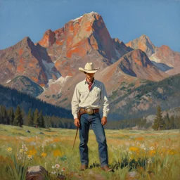 surreal painting from a cowboy in front of the rocky mountains