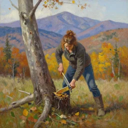 a female cutting down a hickory, autumn mountains, hyper realistic, more details, original oil on canvas painting by sydney mount