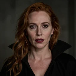 portrait of Gillian Anderson as a lady vampire, 35mm, depth of field, DOF, ominous, sharp, highly detailed, photorealistic, realistic, unreal 5, high, definition, 8k, artstation, donato giancola, irwin penn, Alphonse Mucha