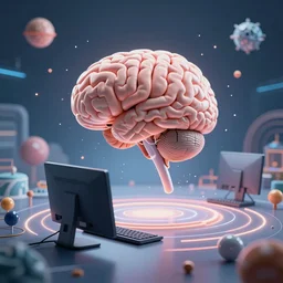 a brain plugged into a desktop computer sitting in the center of the multi dimensional latent space conceptualizing our collectively designed divine infinite imagination, 4 k surrealism