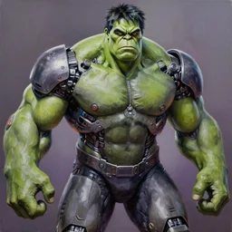 hyperrealistic oil painting of cyberpunk mechanical hulk as stan lee, stan lee as a muscular hulk