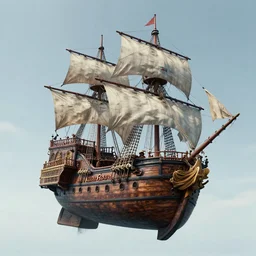 a highly detailed 4 k fantasy matte painting of a photorealistic floating pirate ship, historically accurate. flying. floating