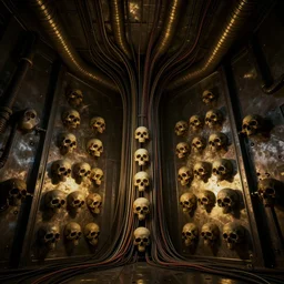 creepy cinematic low angle view of a realistically rendered metal room with tubes and cables coming out of the ceiling and a wall of skulls, dramatic lighting, moody lighting, dark colors, golden ratio, rule of thirds, environmental design, cinematic perspective, 8 k, realistic lighting, realistic shading, octane render