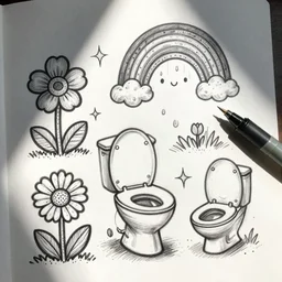 fun doodle characters, flowers, rainbows, toilet seats, drawn with a fineliner pen on a white paper
