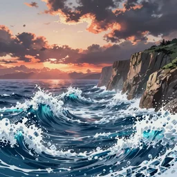 anime landscape wallpaper, rough waves simulated crystal clear waves, ocean cliff side, sunset clouds