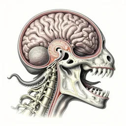 hyper-detailed color pencil antique medical illustration of Kaiju head cross-section, nautilus brain, ribcage, xhenomorph, with tentacles coming out of open mouth and exposed jaw bone, spinal column, cerebral corpus callosum, vastus lateralis, cerebellar peduncle, interventricular foramen, symmetrical H 768
