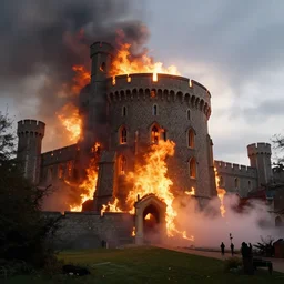 windsor castle on fire, artstation, jakub rozalski, volumetric fog, raytracing, back light, raymarching, by ilm, by digital domain, by weta digital