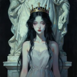 a painting of a pale woman with black hair and a crown on her head standing in front of a statue, a screenshot by stanley twardowicz, cgsociety, aestheticism, aesthetic, vaporwave, anime aesthetic,