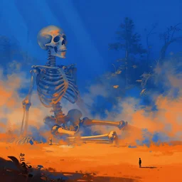 beautiful artwork illustration, a giant skeleton on ground defeated in the distance engulfed in nature, volumetric fog, godrays, high contrast, high contrast, blue orange color palette, high contrast, vibrant colors, vivid colors, small man onlooker, high saturation, by greg rutkowski and jesper ejsing and raymond swanland, wide angle, vertical orientation