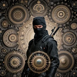 a portrait of a ninja, surrounded by fractals and mandalas and arabesque and geometric patterns, ultra realistic, wide angle, intricate details, the fifth element artifacts, highly detailed by peter mohrbacher, boris vallejo, craig mullins