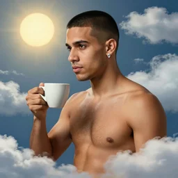 portrait of a ( ( ( un cafe ) ) ), ( ( bellaco guapo joven boricua pelo buzzed wifebeater blanca pecho peludo y con un arete de diamante ) ), nubes y magia, el sol, concept character, by greg rutowski and mucha and bierstadt and remington, trending on artstation