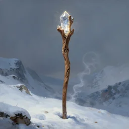 a twisting and carved wooden staff mounted with a glowing crystal stuck in the ground halfway up a snowy mountain  in the style of Sylvain Sarrailh, wispy magical smoke, beautiful digital art, cinematic composition, detailed, concept art, Matt painting, oil painting, high res