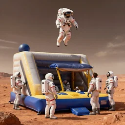 a bounce house on mars, big mistake, several men in space gear look up to see an astronaut miles high, created in unreal engine 5, incredible detail