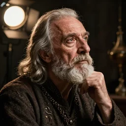 portrait of an old, medieval alchemist in the dark, he is looking into the distance thoughtfully!!. close up, contemplative pose, studio lighting bright ambient lighting key light, fantasy, detailed, photorealistic portrait by michael komarck, greg rutkowski, victo ngai, artgerm and j. dickenson