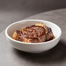 a bowl of steak on a table corner view in the style of wlop, portrait, fancy