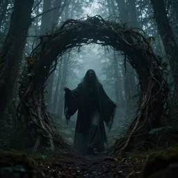 photo of a mystical figure in a dark misty forest opens a portal to hell, highly detailed, epic, fantasy, ultrarealistic