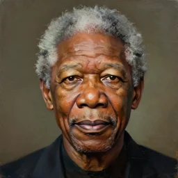 painterly portrait, morgan freeman, impasto, fantasy, chuck close:7, carl spitzweg:7, cinematic light, full face, symmetrical face