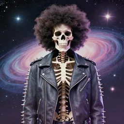 skeleton with an afro wearing a spiked leather jacket, stylized, lofi colors faded in foreground, spacey, solar system background
