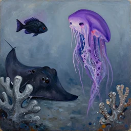 violet jellyfish, black fish, stingray, grey coral, depression, neo - expressionism, surrealism, acrylic and spray paint and oilstick on canvas