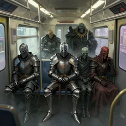 dark souls various knights and ghouls sitting in the bus concept art artwork by masanori warugai, intricate detailed 4 k, soft light, volumetric fog, soft glow, eerie, metro, inside of a metro train, urban fantasy, colorful