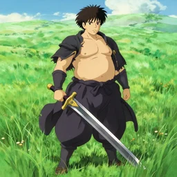 a full body portrait of a fat wrrior man with a gigantic sword bigger than him beauty, delicate features finely detailed perfect art, green field, gapmoe yandere grimdark, trending on pixiv fanbox, painted by greg rutkowski makoto shinkai takashi takeuchi studio ghibli