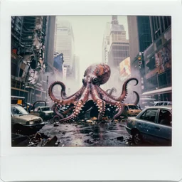 giant octopus body lyong on the ground in postapocalyptic abandoned destroyed times square, wrecked buildings, destroyed flipped wrecked cars, polaroid photo, vintage, foggy, 1 9 8 5, neutral colors, very rainy day, wet reflective gound, stong backlighting, color photo by shawn heinrichs by brian skerry by gregory crewdson