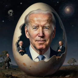 presidential portrait of immense, majestic, surreal, terrifying joe biden emerging from the cosmic egg, perfectly clear face, by j. c. leyendecker, alex grey, anato finnstark, bosch, and beksinski