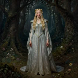 a full length portrait of mischievous, dangerous young, smiling Galadriel (young Cate Blanchett) as a queen of elves. The background is a dark, creepy eastern europen forrest.  Pre-Raphaelite oil painting, inspired by Henry Meynell Rheam: The Fairy Wood