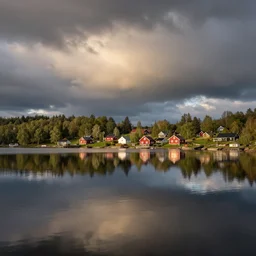 landscape photography by marc adamus, swedish lake, suneise, dramatic lighting, village by the lake, clouds, beautiful reflections, unreal engine 8 k