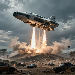 VFX movie of a futuristic spaceship taking off in war zone, natural lighting by Emmanuel Lubezki