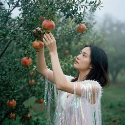 a closeup portrait of a woman wearing a dress made of iridescent twine and ribbon, picking pomegranates from a tree in an orchard, foggy, moody, photograph, by vincent desiderio, canon eos c 3 0 0, ƒ 1. 8, 3 5 mm, 8 k, medium - format print