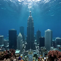 1 9 5 0 s city at the bottom of the ocean realistic, underwater, 8 k