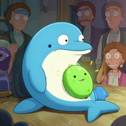 the notorious b. i. g. as a cute and cuddly stoned dolphin rick and morty pickle rick, shaded lighting poster by magali villeneuve, artgerm, jeremy lipkin and michael garmash, rob rey and kentaro miura style, trending on art station
