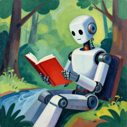 A robot reading a book in a park, forest, brook, colorful, in the style of Umberto Boccioni