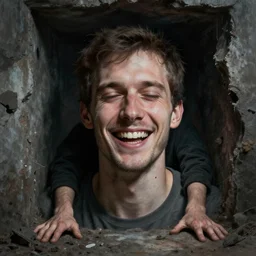 a man that successfully escaped his internal hell and looks happy. hyperrealism, trending on artstation.
