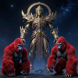 celestial still frame from'gods vs celestials'mcu movie, ancient mythological ornate god killer construct by hidetaka miyazaki, doom eternal biomechanical demon by beksinski and jakub rozalski, mad gorilla with red fiber fur by chiharu shiota
