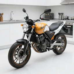 a huge motorbike standing in the middle of a small kitchen, white tile on the floor, by paolo pellegrin, prize winning photo, cinematic