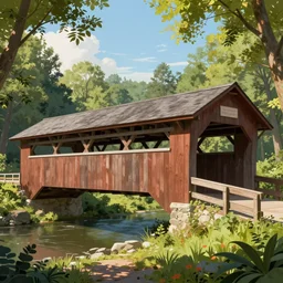 Beautiful covered bridge in the woods” Beautiful Dreamscape, Digital art, concept art, detailed, lovely colors, Art station,3-D 4K, beautiful background, matte painting, Mike Criss,