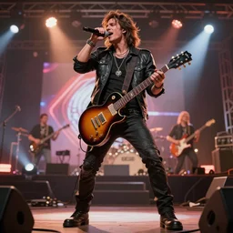 highly detailed full body character art of a rock star singing at the rock concert, full body, highly detailed, photo realistic, energetic atmosphere, rock concert, music, 8K, octane render, unreal engine