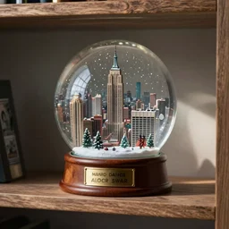 shelf with snow globe of new york city, artstation, photorealism