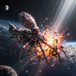 a spiky eldritch imperial squid space ship destroying a planet from space with an explosion by Marek Okon, god rays, fantasy art, 4k, HDR, photorealistic, 8k, trending on artstation