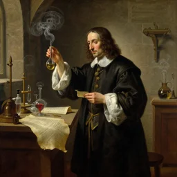 17th century alchemist scientist standing in his wondrous workshop doing mysterious experiments with vials, smoke and parchments, stone walls, high-detailed oil painting by Albert Bierstadt