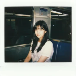 polaroid of a young japanese woman on a train at night