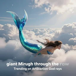 “giant mermaid swimming through the clouds. Digital art, Trending on ArtStation, God rays”