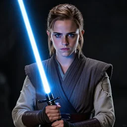 emma watson as a jedi with ripped and damaged clothes holding a single lightsaber, blue coloured, in her hands, very dark background, official new star wars episode xi movie poster from lucas arts, perfect symmetrical face, moody lighting, 8 k, shallow depth of field, intricate detail,