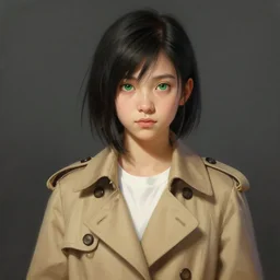 upper body portrait of a young girl from final fantasy live action, with short black hair and green eyes in a tan trenchcoat over a white shirt, award winning, masterpiece digital painting by greg rutkowski, alex grey, artstation, 4 k wallpaper,